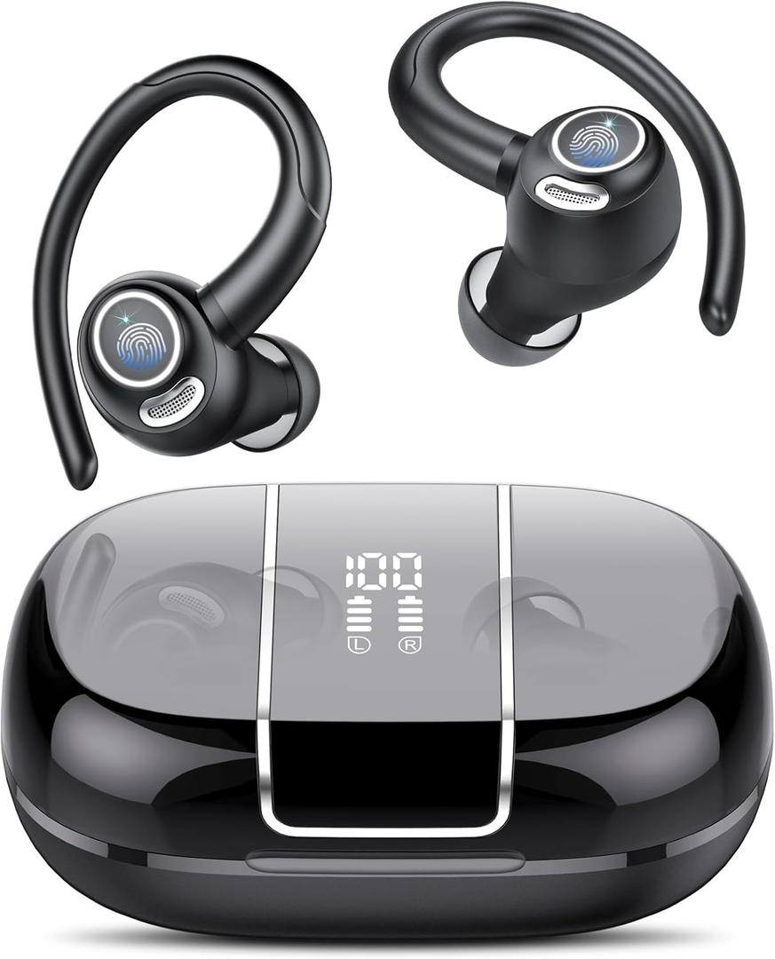 Wireless Earbuds Bluetooth 5.3 Headphones Sports, 48Hrs Playback Over Ear Buds with CVC8.0 Mic, Bass Stereo Bluetooth Earbuds with Earhooks, LED Display, IP7 Waterproof Earphones for Workout/Running (Black)