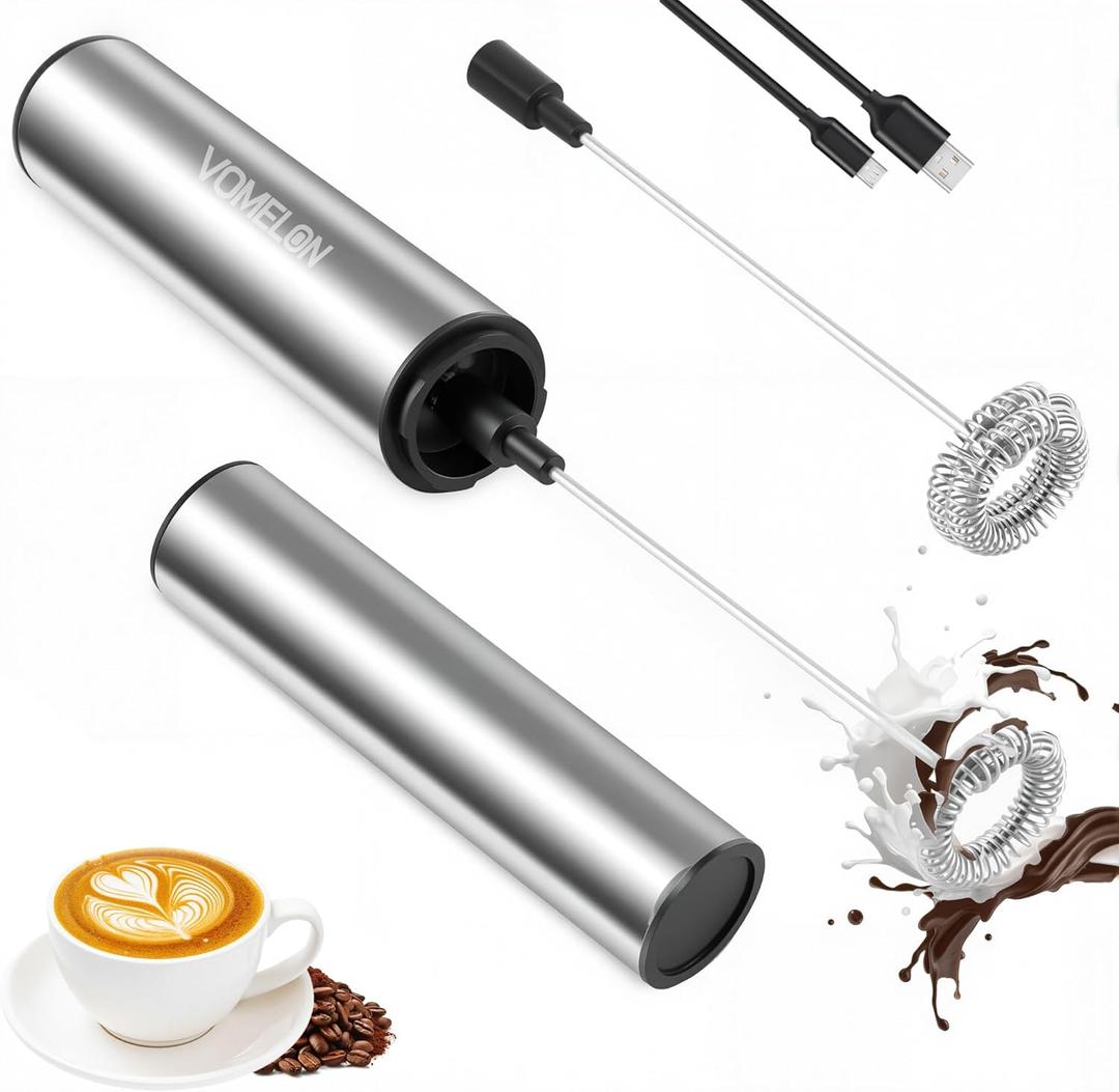 Rechargeable Milk Frother Battery Operated,2-Speed Portable Travel Frother,Electric Milk Foamer Coffee Frother for Latte, Cappuccino, Hot Chocolate Drink Mixer with Double Mini Whisks and USB Cable (Silver)