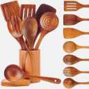 Riveira's 9-Piece Dark Brown Kitchen Essentials Wooden Cooking Utensils Set - Complete Kitchen Utensils Set for Gourmet Results
