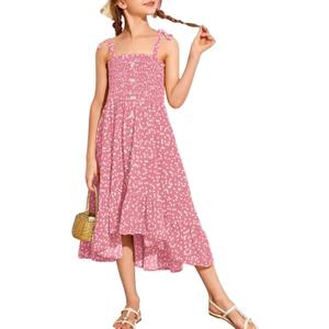 Girls Summer Dress Kids Sleeveless Tie Strap Boho Beach Midi Dress Smocked Ruffle Flowy Sundresses (7-8 Years, Pink)