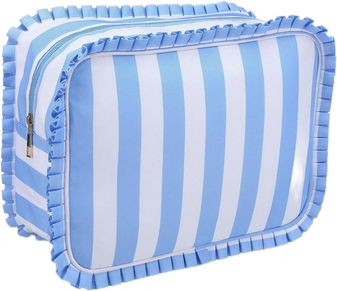 Blue Striped Ruffle Makeup Bag Large Travel Cute Checkered Cosmetic Toiletry Bag with Zipper for Women Girls, Toiletry Pouch Make up Organizer Gift
