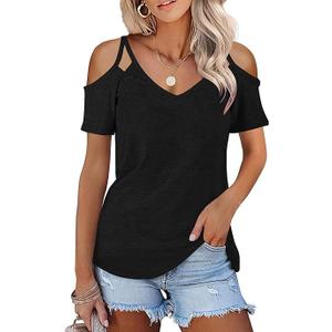Minclouse Women's Summer Short Sleeves Tops Cold Shoulder V Neck Shirts Casual Strappy Tees (XX-Large, Black)