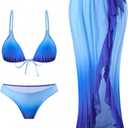 SHENHE Women's 3 Piece Swimsuits Ombre Triangle Bathing Suit with Sarong Coverup Wrap Skirt (Blue, S)