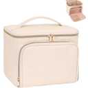 Relavel Makeup Bag with Dividers, Large Travel Makeup Organizer Bag, Makeup Brush Bag Train Case, Portable Cosmetic Bag for Girls, Large Capacity Storage Bag for Toiletries (Beige) (02-White)
