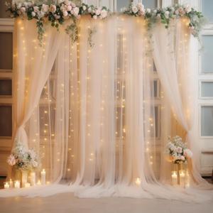 2010ft Champagne Tulle Backdrop Curtain with Lights String for Parties, Sheer Curtain Backdrop Drapes for Wedding Party Photography Background (20ftx10ft)