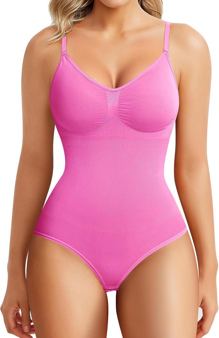 BRABIC Womens' Seamless Sleeveless V-Neck Bodysuit Shapewear Tummy Control (Medium-Large, Hot Pink Brief) BRABIC Womens' Seamless Sleeveless V-Neck Bodysuit Shapewear Tummy Control (Medium-Large, Hot Pink Brief)