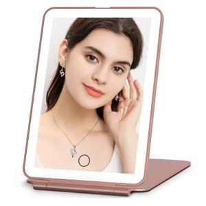 FUNTOUCH Rechargeable Travel Makeup Mirror with 72 Led Lights, Portable Lighted Beauty Mirror, 3 Color Lighting, Dimmable Touch Screen, Tabletop LED Folding Cosmetic Vanity Mirror (Rose Gold)