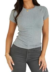 Dwnval Womens Basic Summer Short Sleeve Crewneck T Shirt Raglan Ribbed Knitted Slim Fit Casual Going Out Tops(Heather Grey, M)