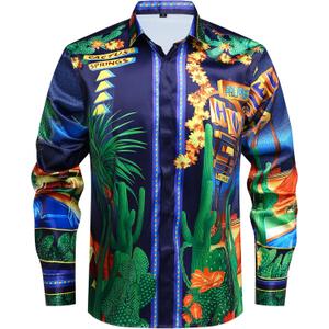 Mens Luxury Print Dress Shirt Long Sleeve Button-Down Shirt (Blue)