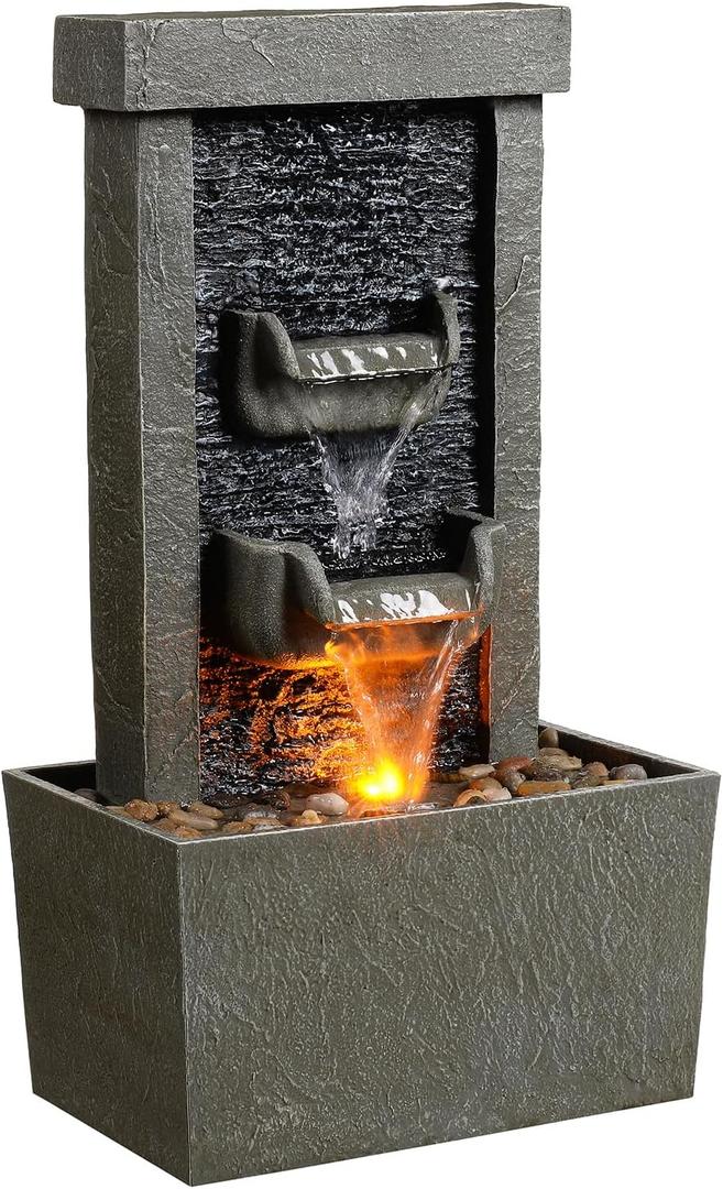 MSEONWXI  Resin Water Fountain Outdoor with LED Lights, Modern Tiered Fountain for Garden Patio Backyard, Waterfall Decor, 23.6" Weatherproof Landscape 24400