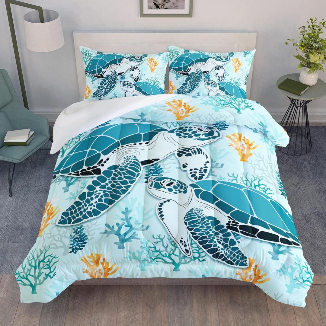 HOSIMA Sea Turtle Comforter Set, Coastal Beach Themed Bedroom Comforter Set Queen Size for Kids Teen Girls Boys Room Decor, Turtle Twin Bed in a Bag for Girls with 2 Pillowcases.