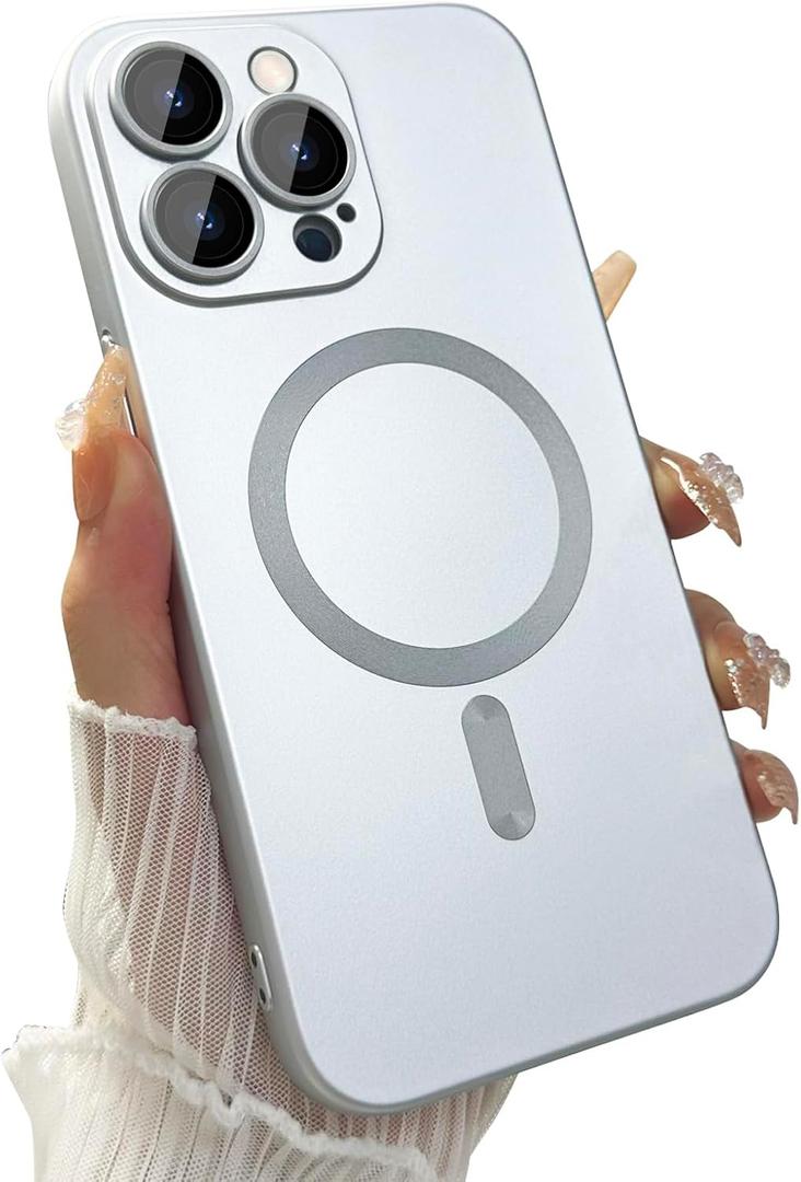 Magnetic Case for iPhone 15 Pro Max Phone Case for Women, Matte Luxury Soft Metallic Luster Design with Camera Lens Protector, Compatible with Magsafe Case for iPhone 15 Pro Max 6.7"-Silver