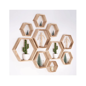 WONFUlity Hexagon Floating Shelves - Honeycomb Wall Mounted Wood Farmhouse Storage for Bathroom, Kitchen, Bedroom, Living Room - Driftwood Finish Decor, Light Brown