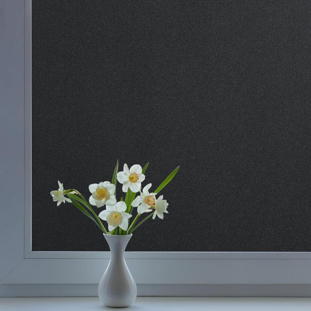 DOWELL Blackout Window Film, 100% Light Sun Blocking Static Cling Frosted Privacy Film for Glass, Heat Control Removable Window Tint, Room Darkening Cover for Day Sleep, Black, 17.5" x 157.5"