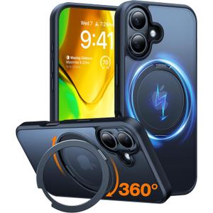 TORRAS 360 Rotatable Magnetic Ring for iPhone 16 Plus Case, Fit for MagSafe with Stand Ring Holder, 16FT Military Grade Shockproof Translucent Back Case for iPhone 16 Plus Phone Case Ostand, Black