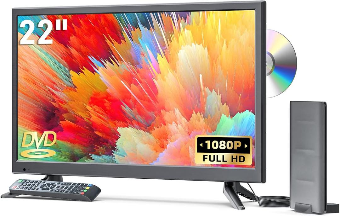 22 Inch TV with Built in DVD Player, TV DVD Combo for RV, Kitchen, Home, Full HD 1080P Small Flat Screen with HDMI/USB/AV Inputs, Upgraded Antenna