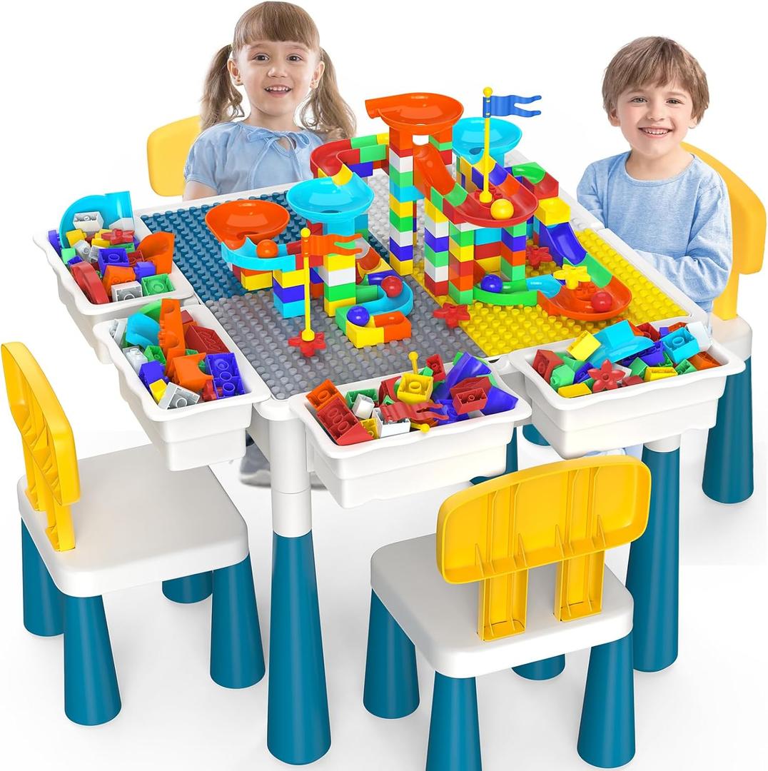 OCATO Toddlers Kids Table and 4 Chairs Set: Activity Table with 152Pcs Large Marble Run Building Blocks Storage All in One Play Sensory Water Tables Sand Tables for Boys Girls 3 4 5 6 Year Old