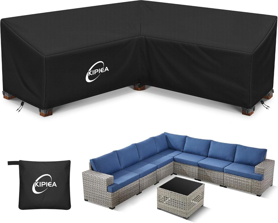 Kipiea V-Shape Outdoor Patio Furniture Covers Waterproof, 500D Heavy-Duty Outdoor Sectional Cover Windproof, Patio Sectional Sofa Cover Anti-UV, No Tears & No Fading (120"/120"L x 33.5"D x 31"H)