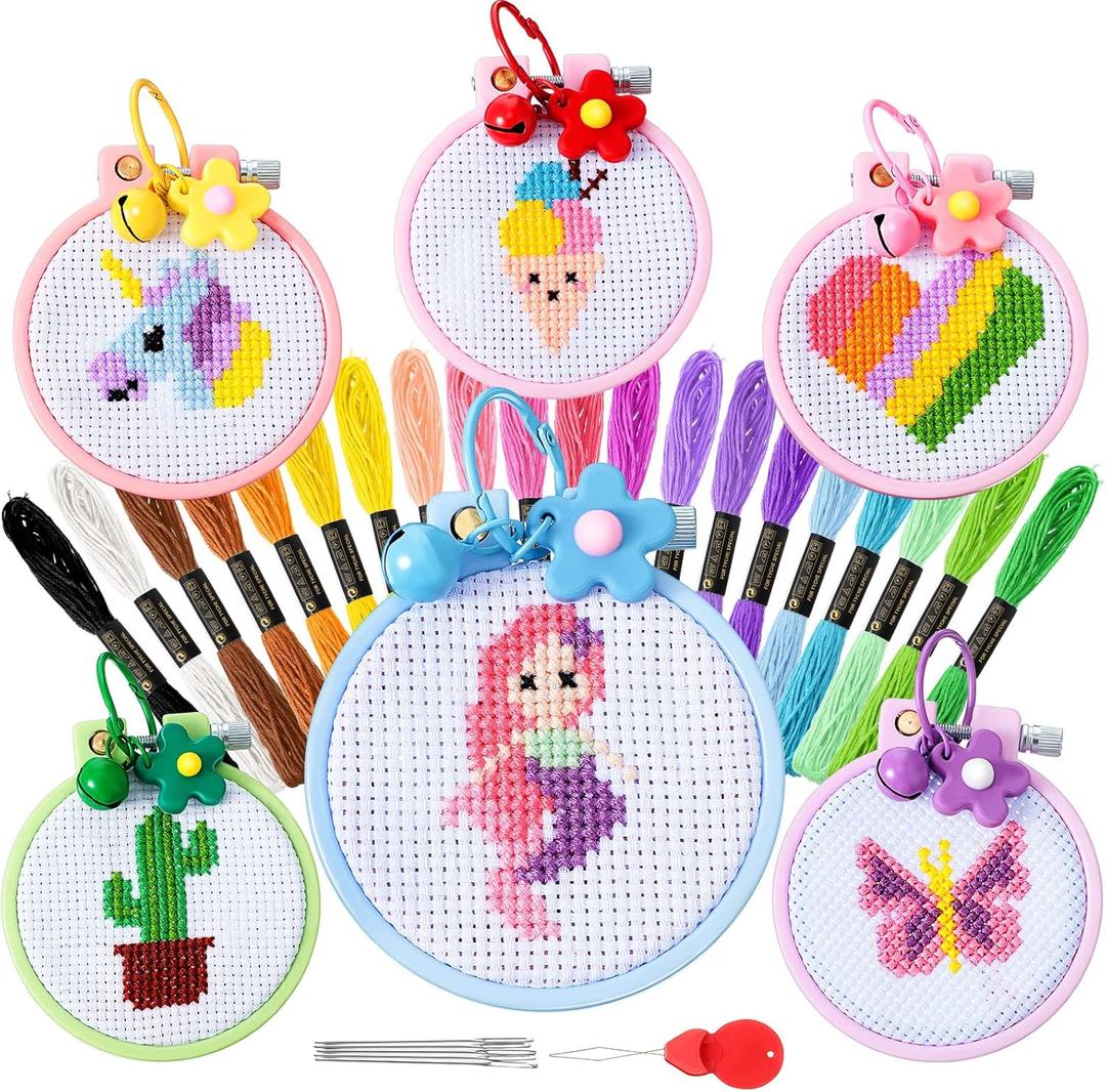 Chuangdi 6 Sets Cross Stitch Kits for Beginners Embroidery Kit Cross Stitch for Kids Embroidery Stitches Practice Needlepoint for Starters