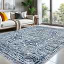 KUTA Vintage 8x10 Area Rugs for Living Room, Washable Large Rug for Bedroom 8ft x 10ft Non-Slip, Blue White Ultra Soft Printed Traditional Floral Medallion Distressed Dining Room Low-Pile Carpet