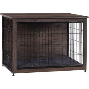 DWANTON Dog Crate Furniture with Cushion, Wooden Kennel Table with Double Doors, Indoor Dog House, Large Size, 38.5" L, Dark Gray