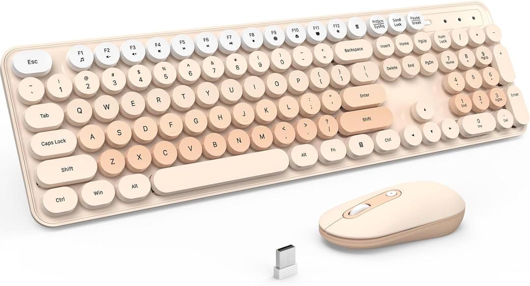 Wireless Keyboard and Mouse, Silent Keyboard Mouse Combo, Full-Sized Colorful Typewriter Keyboard with Round Keycaps, 2.4G Cute Mouse Compatible with PC/Laptop/Computer(Milk Tea)