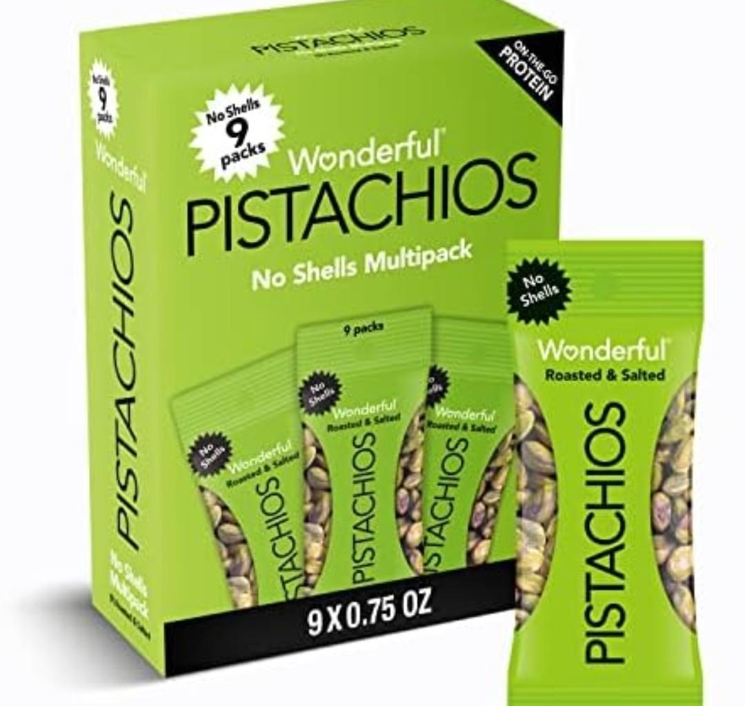 Wonderful Pistachios No Shells, Roasted & Salted Nuts, 0.75 Ounce Bag (Pack of 9), Protein Snacks, Gluten Free, On-the-Go, Individually Wrapped Snacks 2 Pack. Used By 10/17/2025