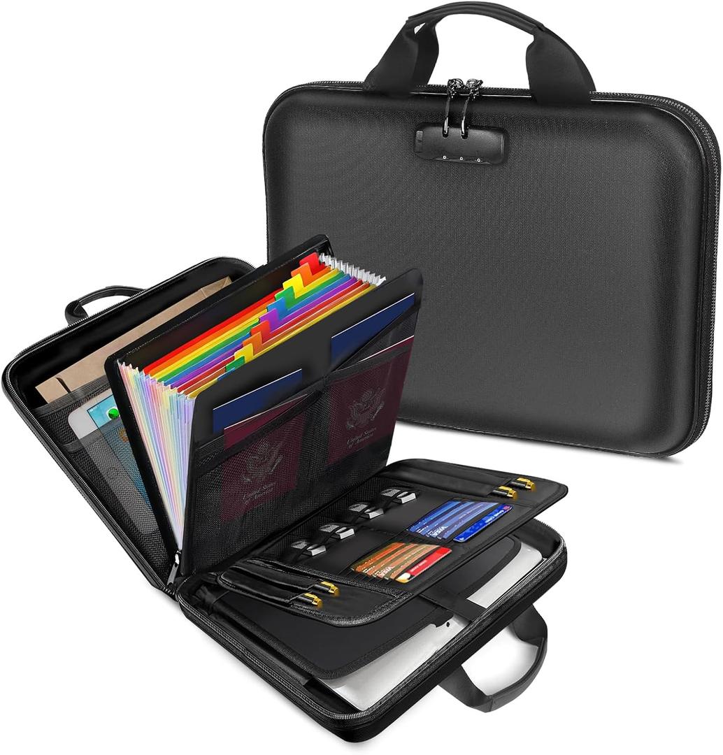 Fireproof Document Box with Lock, Hard-Shell Case Important Document Organizer with 13 Pocket Accordion File Folder, Portable Office Home Travel Safe Storage for Laptop, Paperwork and More