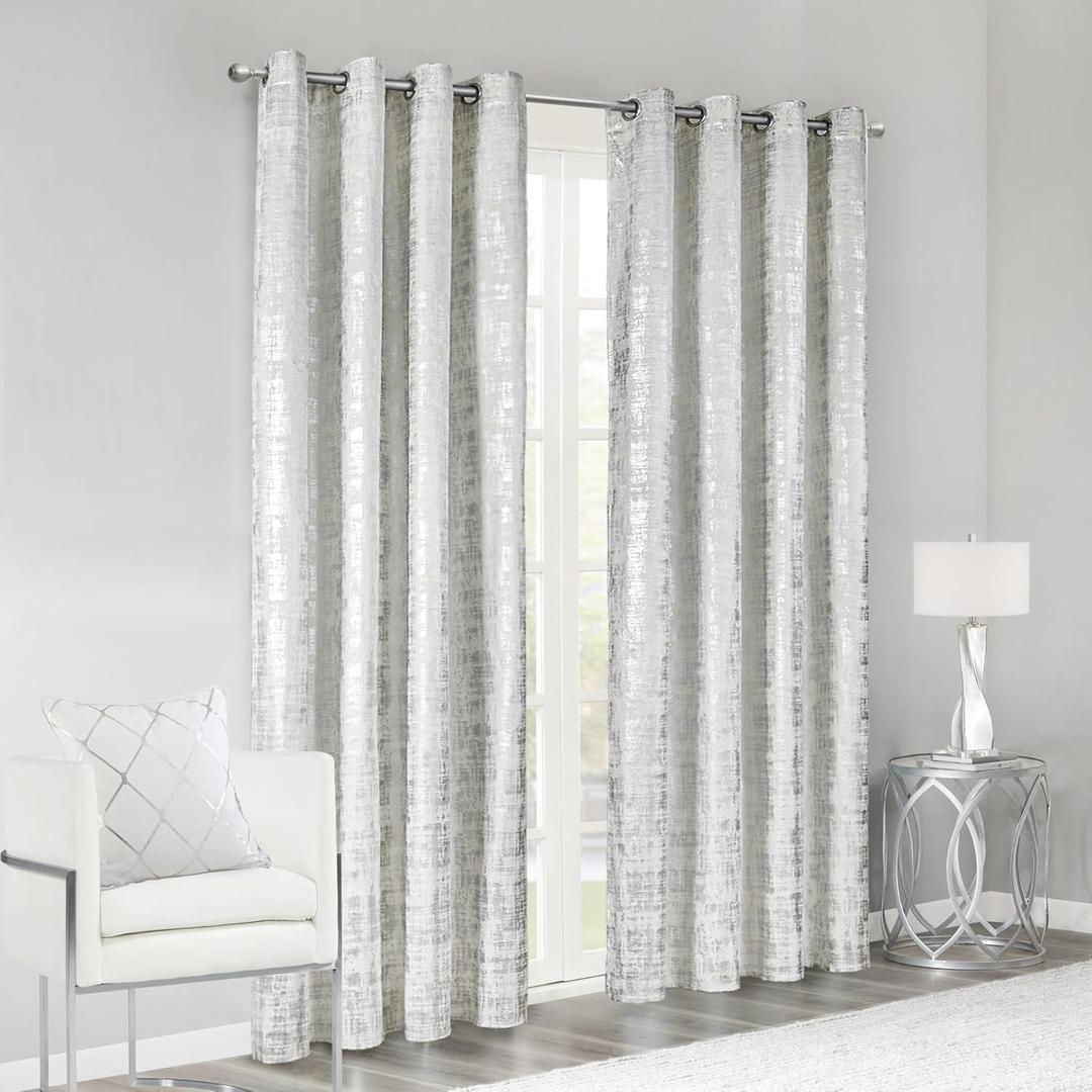 SHINELAND Crushed Velvet Curtains 108 Inches Long,60-70% Blackout Off White and Silver Drapes 108 Inches Long 2 Panels (Cream (Silver Print))