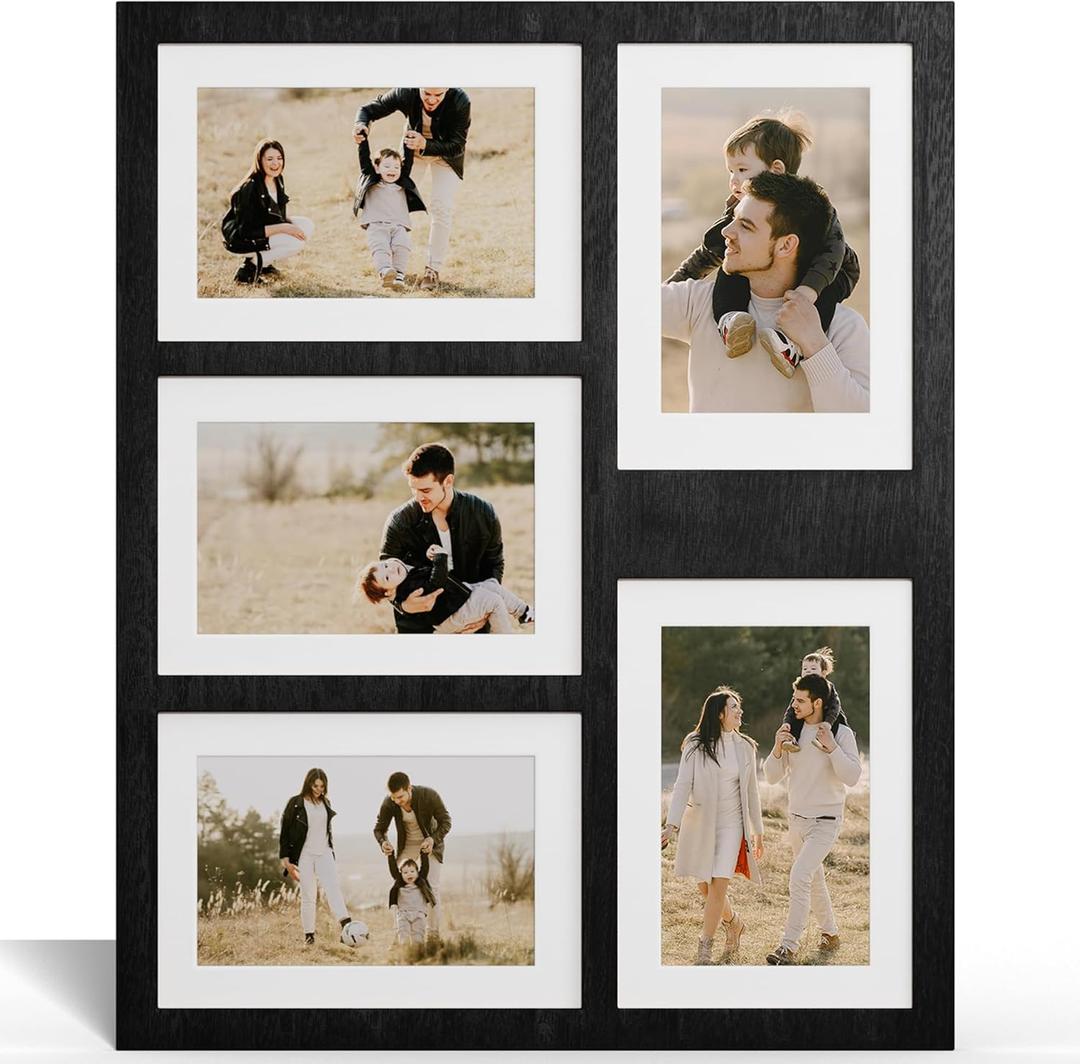 YESKAY 4x6 or 5x7 Picture Frames, Black Rustic Wooden Frame with Real Glass, Displays Pictures Five 4x6 with Mat or 5Pcs 5x7 without Mat for Wall Mounting, Photo Collage Frame