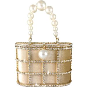 Boutique De FGG Elegant Evening Handbag with Pearl Rhinestone Bucket Bag Crystal Clutch Purses for Wedding Party Small Tote (Gold)