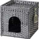 Cat Litter Enclosure with Hidden Litter Mat and Rattan Cat House, Supports Two Litter Boxes, Ideal for Living Room or Bedroom (Gray)