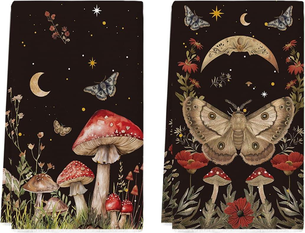 Artoid Mode Black Mushroom Moth Moon Kitchen Towel Dish Towel 18x26 Inch Spring Flower Seasonal Decoration Hand Towel