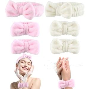 Pack Of 2 EHBELIF 6PCS Spa Headband and Wristband Set for Women & Girls - Soft Skincare Face Wash Headbands with Bows, Makeup Headbands, and Wrist Towels (Beige+Pink, Large)
