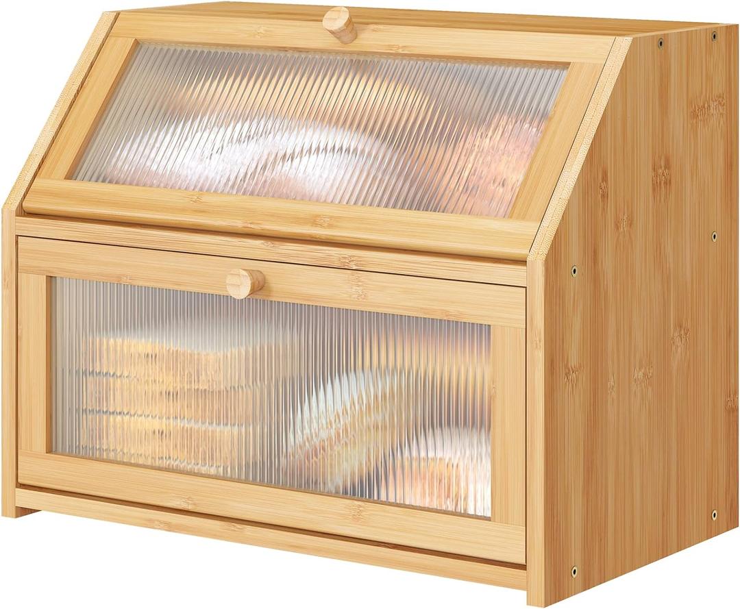 Bread Box for Kitchen Counter, Large Bamboo Wood Double Layer Bread Box, Wooden Bread Storage Capacity (Natural)