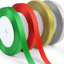 4 Rolls 3/8" Christmas Glitter & Satin Ribbons Set, Total 100 Yards Xmas Holiday Ribbon for Gift Wrapping, Crafts, Festival Ornaments, Wedding Party Decoration (Colorful)