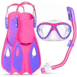 Snorkeling Gear for Kids Ages 5-15, 4 in 1 Mask Fins Snorkel Set with HD Tempered Glass Panoramic View Anti-Fog Mask, Dry Top Snorkel, Adjustable Trek Fins, and Mesh Bag, Kids Snorkel Set for Youth