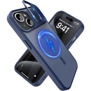 YFEMLAZ for iPhone 15 Case(Built-in Invisible Kickstand) Heavy Duty MagneticCompatible with MagSafe Military-Grade Drop Protection,Translucent Matte for iPhone 15 Case 6.1",Blue