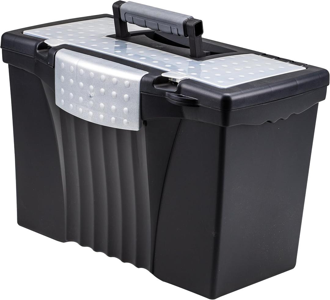 Storex Legal File Box with Organizer Lid Plastic Office File Storage Box for Letter and Legal Hanging Folders, 17.13 x 9.63 x 11 Inches, Black, 1-Count 