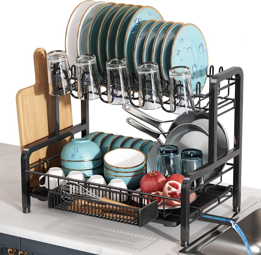2 Tier Black Dish Drainer Drying Rack for Kitchen Counter, Large Stainless Steel Dishes Dryer with Drainboard, Space Saving, Big Rustproof Metal Modern Countertop Plates Strainer with Utensil Holder
