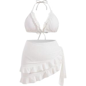 Women's 3 Piece Plus Size Lettuce Trim Bikini Halter Tie Side Triangle Set with Beach Skirt High Cut Bikini Swimsuit (X-Large Plus, White)