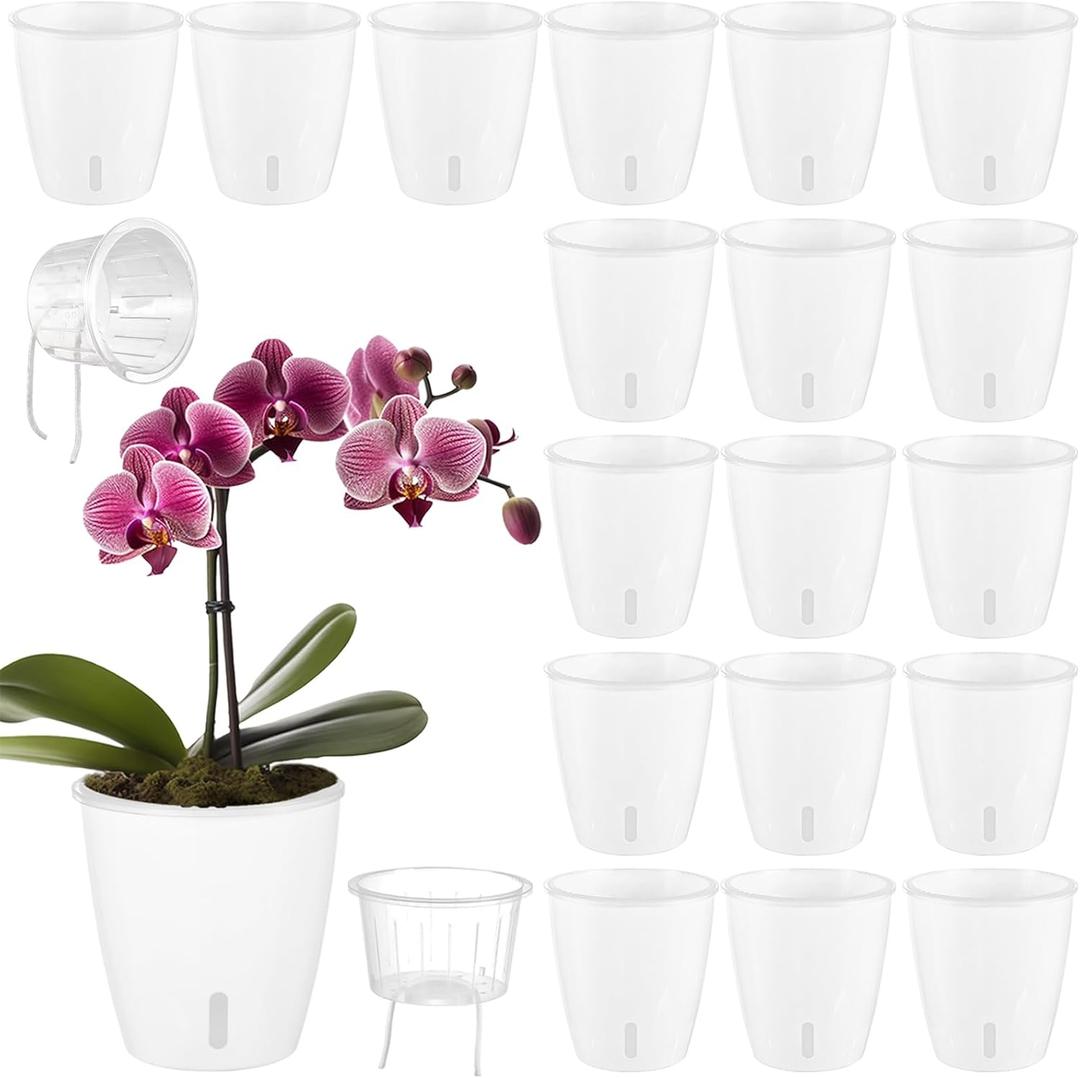 Self-Watering Pots for Indoor Plants, 18-Pack 5'' Self Watering Planter with Drainage Holes, Small African Violet Pots with Water Indicator, Clear Wick Pot for Orchids, White