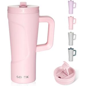 COKTIK 20 oz Insulated Tumbler with Handle and Two Lids(Flip/Straw), Double Wall Stainless Steel Vacuum Insulated Tumbler, Cupholder Friendly,Travel Coffee Mug BPA Free Reusable Cup, Light pink