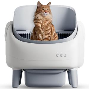 Open-Top Automatic Cat Litter Box, Self Cleaning Litter Box for Multi-Cat Families, APP Control, Safety Protection, 1 Roll Waste Bag (White-gray/1)