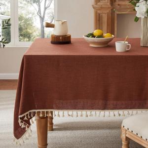 Linen Tablecloth with Tassels, Farmhouse Style TerracotaTablecloth, Water Resistant Burlap Tablecloths for Rectangle Table, 60x84 Inch Terracota