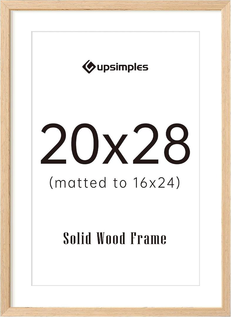 upsimples 20x28 Picture Frame Solid Wooden, Nursery Decor, 1Pack Natural | 100% Solid Wood, Fit 16x24 with Mat and 20 x 28 Poster, Wall Decor or Tabletop Display, Safe For Nursery Kids Room