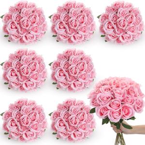 Lyrow 200 Pcs Artificial Roses Realistic Flowers Bulk Real Looking Fake Silk Rose Bouquets with Long Stem Flowers for Wedding Table Centerpieces Bridal Shower Party Home Garden Decor (Pink)