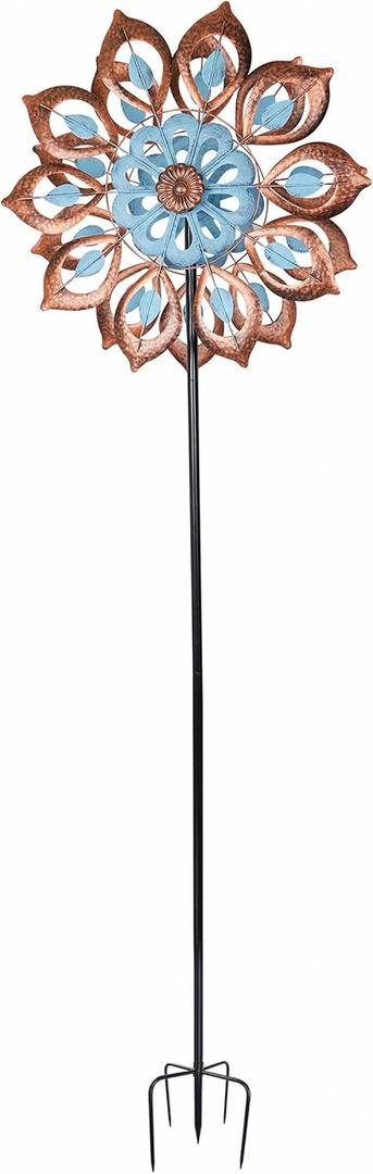 Alpine Corporation SLL2658 Antique Flower Kinetic Wind Spinner Garden Stake, Decor for Garden, Patio, & Lawn, 85" H, Blue