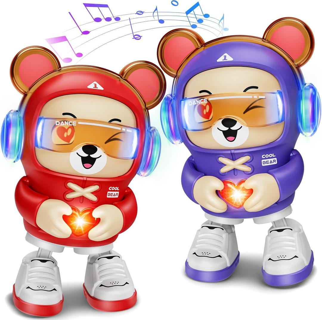 2 Pcs Dancing Bear Toys, Baby Dancing Moving Crawling Musical Toys Age 3-12 Months, with Light, Musical and Dancing, Birthday Gift for Age 1 2 3 4 Year Old Toddlers (Purple and Red)