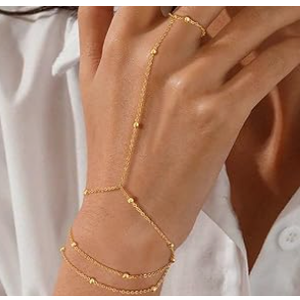 Gold Bracelets for Women, 14K Gold Plated/Silver Hand Chain Bracelet for Women Trendy Finger Ring Bracelet Hand Chain Dainty Adjustable Hand Chain Jewelry Gifts for Women